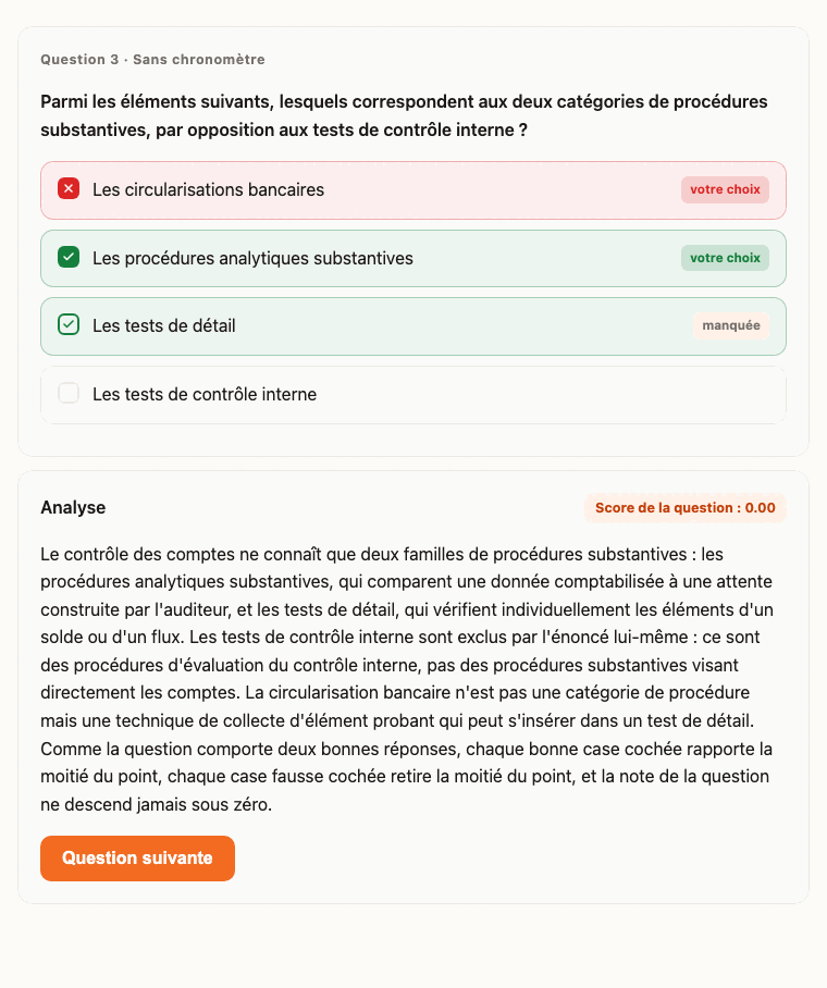 Capture d’écran réelle de l’écran de correction du mode préparation Najah, en français.