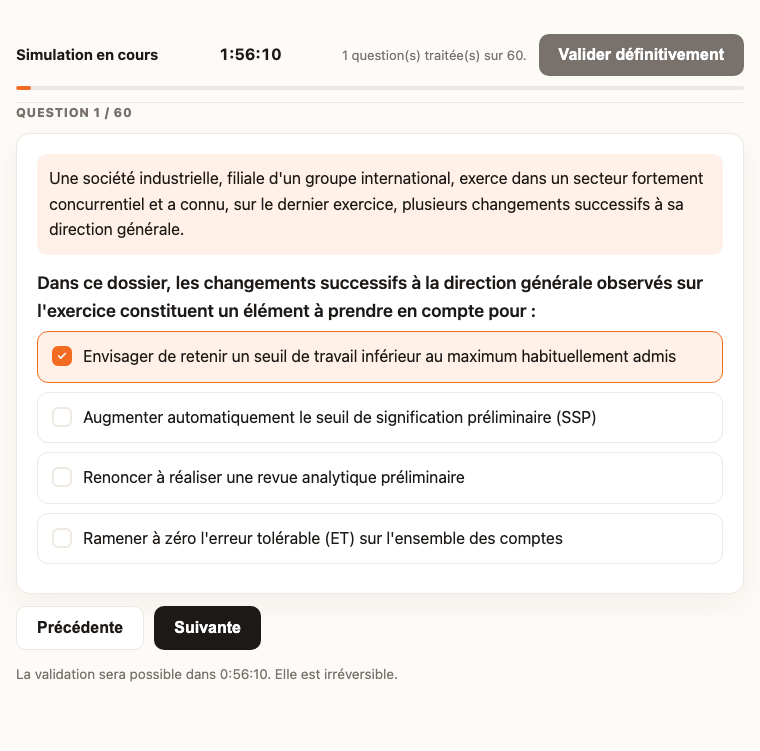 Capture d’écran réelle de l’écran de simulation Najah, en français.